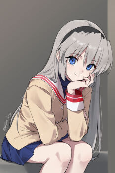 Rule 34 | 1girl, blazer, blue eyes, blue skirt, clannad, elbow rest, fingernails, grey hair, hairband, head rest, highres, hikarizaka private high school uniform, jacket, kiya hajime, leaning forward, long hair, pleated skirt, sailor collar, sakagami tomoyo, school uniform, sitting, skirt, sleeve cuffs, smile, solo, tareme, twitter username