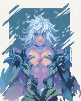 Rule 34 | 1boy, abs, alternate form, artist name, blue eyes, border, commentary, english commentary, jin (xenoblade), long hair, looking at viewer, male focus, outside border, pectorals, scar, solo, standing, straight-on, suneiaaa, twitter username, white border, white hair, xenoblade chronicles (series), xenoblade chronicles 2