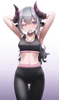 1girl absurdres adjusting_hair alternate_costume animal_ears armpits arms_behind_head arms_up bare_arms black_pants black_sports_bra breasts chikafuji_lisa chromashift cleavage closed_mouth commentary english_commentary gradient_background grey_hair hair_between_eyes hair_tie highres horns long_hair medium_breasts midriff mouth_hold one_eye_closed pants ponytail purple_eyes sheep_ears sheep_girl sheep_horns smile solo sports_bra standing virtual_youtuber wavefile workout_clothes yoga_pants