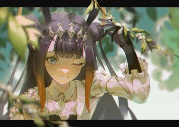 1girl absurdres arm_up ascot asymmetrical_sleeves black_gloves blue_eyes blurry blurry_background blurry_foreground branch center-flap_bangs chromatic_aberration commentary dappled_sunlight diamond_hairband double_bun dress elbow_gloves fang flower gloves gradient_hair grey_hairband hair_bun hairband halo highres hololive hololive_english insfidelie leaf letterboxed light_blush long_hair looking_at_viewer mole mole_under_eye multicolored_gloves multicolored_hair ninomae_ina&#039;nis ninomae_ina&#039;nis_(ina_the_hero) official_alternate_costume official_alternate_hairstyle one_eye_closed orange_hair orange_halo outside_border plant pointy_ears puffy_sleeves purple_gloves purple_hair skin_fang smile solo sunlight tentacle_hair twintails_with_hair_base virtual_youtuber white_ascot white_dress white_flower