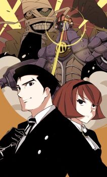 1boy 1girl bad_id bad_pixiv_id big_o_(mecha) black_hair brown_hair formal_clothes mecha namo_(goodbyetears) pale_skin r_dorothy_wayneright red_hair robot roger_smith schwarzwald the_big_o
