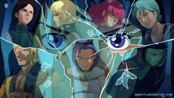 3girls 5boys aeug ammotu aqua_hair artist_request blonde_hair blue_eyes blue_hair broken_glass brown_hair char_aznable commentary debris deviantart_username emma_sheen english_commentary evil_smile four_murasame glass glass_shards green_eyes gundam hairband haman_karn jerid_messa kamille_bidan looking_at_viewer mecha_pilot_suit military_uniform mullet multiple_boys multiple_girls neo_zeon normal_suit_(gundam) paptimus_scirocco photoshop_(medium) purple_hair quattro_bajeena reflection serious shards short_hair signature smile titans_(gundam) vest yazan_gable zeta_gundam
