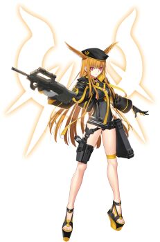 1girl assault_rifle belt beret black_gloves black_hat black_jacket black_leotard breasts bullpup cleavage fate/grand_order fate_(series) full_body geirskogul_(fate) gloves gun hat head_wings highleg highleg_leotard highres holster hood hooded_jacket jacket large_breasts leotard long_hair long_sleeves looking_at_viewer official_art open_clothes open_jacket open_mouth orange_hair p90 personal_defense_weapon red_eyes rifle solo submachine_gun suppressor takeuchi_takashi thigh_strap thighs valkyrie_(fate) weapon wings