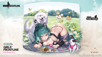 1girl all_fours animal_ear_hairband animal_ears animal_hands aqua_hair arched_back arm_strap ass bag ball bare_shoulders belt bench black_choker black_jacket blush breasts brown_dog bug butt_crack butterfly butterfly_on_ass chain character_name choker cleavage clothes_pull collar collarbone commentary copyright_name crossed_bangs day denim dog dog_ears dog_request english_commentary fake_animal_ears flower foliage forced_smile full_body girls'_frontline grass hair_between_eyes hair_ornament hairband hairclip heart heavy_breathing highres holding holding_leash insect jacket jeans jewelry jumping large_breasts leash long_hair looking_at_viewer m327_(cutie_trainer)_(girls'_frontline) m327_(girls'_frontline) medium_breasts o-ring o-ring_arm_strap off_shoulder official_alternate_costume official_art open_clothes open_jacket open_mouth outdoors panties pants pants_pull park path pet_food ponytail purple_belt red_eyes ring road second-party_source shoes sneakers solo stone_floor strapless striped_clothes striped_jacket sweat tennis_ball tongue tongue_out torn_clothes torn_jeans torn_pants tree tube_top underwear v vertical-striped_clothes vertical-striped_jacket waving white_dog white_flower white_panties white_shoes white_tube_top whoisshe yellow_butterfly