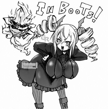 Rule 34 | 1girl, akeikou, blush, breasts, character name, cowboy shot, digimon, digimon card game, digimon liberator, dress, drill hair, ghost, ghostmon, greyscale, highres, large breasts, long hair, monochrome, open mouth, pantyhose, simple background, smile, twin drills, violet inboots, white background