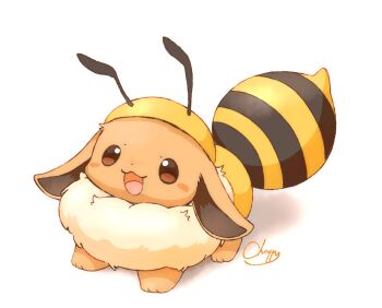 Rule 34 | artist name, bee costume, blush, blush stickers, brown eyes, commentary request, eevee, gen 1 pokemon, hat, highres, mimix, nintendo, no humans, open mouth, pokemon, pokemon (creature), simple background, smile, solo, standing, white background