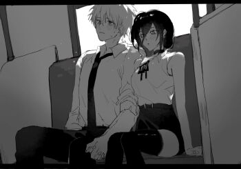 1boy 1girl arm_support blush chainsaw_man choker commentary_request denji_(chainsaw_man) dress_shirt feet_out_of_frame greyscale hair_between_eyes hand_grab highres interlocked_fingers letterboxed long_hair_between_eyes looking_ahead monochrome neck_ribbon necktie pants reze_(chainsaw_man) ribbon sharp_teeth shi_xu_jiu_zhou shirt shorts sitting sleeveless sleeveless_shirt sweatdrop teeth thighs
