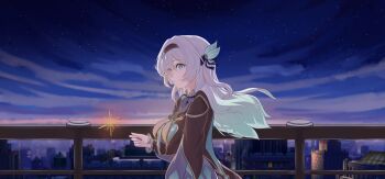 1girl absurdres black_jacket blurry blurry_background breasts commentary firefly_(honkai:_star_rail) fireworks from_side grey_hair highres holding holding_fireworks honkai:_star_rail honkai_(series) horik_22 jacket long_hair night purple_eyes shirt solo sparkler star_(sky) upper_body white_shirt