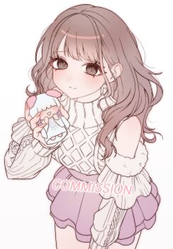 1girl absurdres bare_shoulders blush brown_eyes brown_hair brown_sweater character_doll commentary_request commission cowboy_shot crepe_commission detached_sleeves doll hair_behind_ear highres himekaji holding holding_doll knit_sweater korean_commentary long_hair m_psycho_83 original parted_bangs pink_nails pink_skirt simple_background skirt smile solo sweater watermark wavy_hair white_background