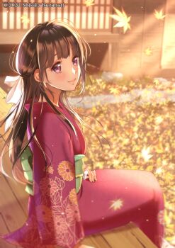 1girl absurdres artist_name autumn_leaves brown_hair commentary_request copyright_request dated floral_print hair_ribbon highres izumi_(stardustalone) japanese_clothes kimono leaf long_hair maple_leaf purple_eyes red_kimono revision ribbon sitting smile solo veranda white_ribbon