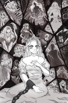 6+girls amputee arm_blade arm_hair artstation_logo artstation_username bags_under_eyes bare_shoulders black_sclera breasts cage cat_girl animal_nose cat_tail chain chain_leash chained chained_wrists claws cleavage clenched_hand closed_mouth colored_sclera commentary covered_face cracked_mask curtained_hair cuts dagger debris demon_tail dress dullahan english_commentary everyone exposed_heart exposed_muscle extra_arms extra_faces fanged_bangs floating_hair flower furrowed_brow ghost_girl giant giantess glowing glowing_eyes greyscale grin halo hand_on_own_chest hand_up hands_up happily_ever_after_(slay_the_princess) heart heart_(organ) heart_in_eye highres holding holding_cage holding_flower hole_in_face hood hood_up hooded_dress horns injury instagram_logo instagram_username jewelry knife leash lock long_dress long_hair looking_at_viewer looking_to_the_side makeup mascara mask masked medium_breasts missing_limb monochrome monster multiple_girls multiple_persona nail_(hardware) necklace off-shoulder_dress off_shoulder outline outstretched_arms own_hands_clasped own_hands_together padlock pencilequipped pointy_ears princess princess_(slay_the_princess) puffy_short_sleeves puffy_sleeves red_flower ribs scar scar_on_chest severed_head sharp_teeth short_hair short_sleeves sitting slay_the_princess small_breasts smile spine spot_color star_(sky) stitched_mouth stitches sunburst symbol_in_eye tail tail_raised teeth the_adversary_(slay_the_princess) the_apotheosis_(slay_the_princess) the_beast_(slay_the_princess) the_cage_(slay_the_princess) the_damsel_(slay_the_princess) the_den_(slay_the_princess) the_eye_of_the_needle_(slay_the_princess) the_fury_(slay_the_princess) the_grey_(slay_the_princess) the_moment_of_clarity_(slay_the_princess) the_nightmare_(slay_the_princess) the_princess_and_the_dragon_(slay_the_princess) the_prisoner_(slay_the_princess) the_razor_(slay_the_princess) the_spectre_(slay_the_princess) the_stranger_(slay_the_princess) the_thorn_(slay_the_princess) the_tower_(slay_the_princess) the_wild_(slay_the_princess) the_witch_(slay_the_princess) the_wraith_(slay_the_princess) thorns tiara torn_clothes torn_dress torn_sleeves tree twirling_hair weapon white_outline