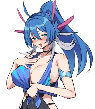 Rule 34 | 1girl, :d, armlet, bare shoulders, black choker, black dress, blue dress, blue eyes, blue hair, blush, breasts, choker, cleavage, collarbone, covered navel, dress, duel masters, hair between eyes, hand on own chest, hand on own face, highres, jewelry, large breasts, long hair, multicolored hair, open mouth, ponytail, pulling own clothes, q.e.d. (duel masters), simple background, sleeveless, sleeveless dress, smile, solo, toriyarou, two-tone dress, two-tone hair, upper body, white background, white hair