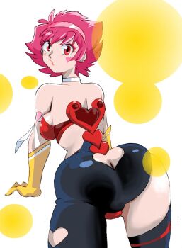 1girl all_fours arm_ribbon ass ass_cutout asymmetrical_pants bent_over black_pants black_thighhighs choker clothing_cutout cutie_honey cutie_honey_(character) eyeshadow facial_mark from_behind gloves hairband heart heart_cutout heart_facial_mark heart_on_cheek kisaragi_honey looking_at_viewer looking_back onnaski pants pink_eyeshadow pink_hair polka_dot polka_dot_background red_eyes red_shirt ribbon shirt short_hair single_thighhigh strapless thighhighs tube_top white_background white_ribbon yellow_gloves