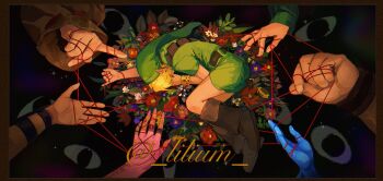 3boys 4girls belt blonde_hair boots bracelet bridal_gauntlets covering_own_eyes darunia fetal_position flower gauntlets goron hat highres impa jewelry lilium815719 link long_sleeves lying multiple_boys multiple_girls nabooru nintendo on_side outstretched_arm pinky_out princess_ruto rauru_(ocarina_of_time) red_string ring robe saria_(zelda) solo_focus string the_legend_of_zelda the_legend_of_zelda:_ocarina_of_time tunic young_link zora