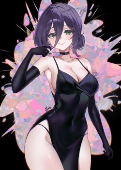 Rule 34 | 1girl, absurdres, ayrinsama, black choker, black dress, black gloves, breasts, chainsaw man, choker, cleavage, closed mouth, commentary, covered navel, dress, elbow gloves, gloves, green eyes, grenade pin, hair between eyes, hair bun, hand up, highres, long hair between eyes, looking at viewer, medium breasts, panties, panty straps, pelvic curtain, purple hair, reze (chainsaw man), short hair, sleeveless, sleeveless dress, smile, solo, string panties, underwear