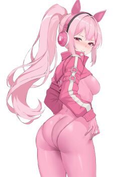 Rule 34 | 1girl, absurdres, alice (nikke), alternate hairstyle, animal ear headphones, animal ears, ass, blush, bodysuit, breasts, commission, fake animal ears, from behind, gloves, goddess of victory: nikke, headphones, headset, highres, impossible bodysuit, impossible clothes, jacket, latex, latex bodysuit, long hair, looking at another, looking at viewer, multicolored gloves, pink bodysuit, pink eyes, pink gloves, pink hair, ponytail, shrug (clothing), skin tight, smile, smurtz, solo, twintails, two-tone gloves