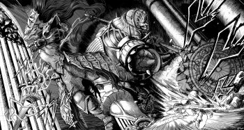2boys armor attack chain chainmail commentary dark_souls_(series) dark_souls_i debris dragon_slayer_ornstein dust_cloud dutch_angle english_commentary executioner_smough faulds ffsade gauntlets greyscale hammer hatching_(texture) helm helmet highres holding holding_polearm holding_weapon knight lightning making-of_available miura_kentarou_(style) monochrome multiple_boys pillar plume polearm spear spikes war_hammer weapon