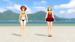 2girls 3d aki_minoriko aki_shizuha animated armpits arms_behind_head arms_up ass audible_music barefoot beach bent_over blonde_hair bouncing_breasts breasts brown_hair close-up dancing feet jiggle large_breasts leaning_forward legs long_hair looking_at_viewer multiple_girls multiple_views navel ocean short_hair smile sound sports_bikini swimsuit tagme thighs toned touhou turnaround underboob video water