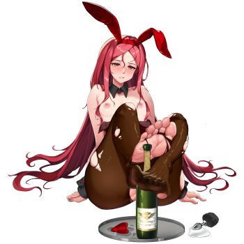 1girl anal_beads anal_tail animal_ear_hairband animal_ears ass black_collar black_wrist_cuffs blush breasts brown_pantyhose butt_plug champagne_bottle collar detached_collar english_text fake_animal_ears fake_tail feet flat_chest foot_focus full_body glass_bottle gluteal_fold hairband hands_on_ground heavy_breathing highres last_origin leotard long_hair looking_at_viewer maebari_removed night_angel_(last_origin) nipples non-web_source official_alternate_costume official_art pantyhose parted_lips playboy_bunny presenting_foot rabbit_tail red_eyes red_leotard sidelocks simple_background sitting solo tachi-e tail torn_clothes torn_pantyhose transparent_background tray u-rix wrist_cuffs