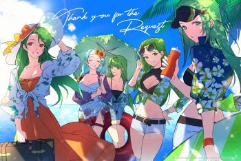 5girls ^_^ absurdres alternate_costume bottle breasts brown_eyes cleavage cleavage_cutout closed_eyes clothing_cutout crop_top elincia_ridell_crimea eyewear_on_head fire_emblem fire_emblem:_mystery_of_the_emblem fire_emblem:_path_of_radiance fire_emblem:_radiant_dawn fire_emblem:_the_sacred_stones flower green_eyes green_hair grin hair_flower hair_ornament hat highres holding holding_bottle holding_swim_ring innertube large_breasts medium_breasts multiple_girls nephenee_(fire_emblem) nintendo palla_(fire_emblem) sigrun_(fire_emblem) silvercandy_gum smile sun_hat sunflower sunflower_hair_ornament swim_ring syrene_(fire_emblem) trait_connection visor_cap