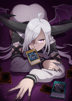 1girl ahoge ass black_horns black_nails card_in_mouth character_request closed_mouth commentary commission dazeart demon_girl demon_horns demon_wings ear_piercing eyelashes face_piercing fingernails grey_hair hair_over_one_eye hand_on_own_arm highres horn_piercing horns long_hair long_sleeves looking_at_viewer lying mouth_hold nail_polish nose_piercing on_stomach piercing pointy_ears purple_eyes red-eyes_black_dragon sharp_fingernails smile solo trading_card wings yu-gi-oh!