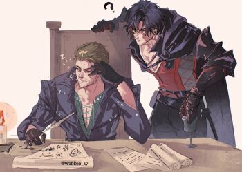 2boys ? armor beard_stubble black_armor black_cloak black_gloves black_hair black_jacket brown_hair candlelight cidolfus_telamon clive_rosfield cloak commentary cup drooling earrings english_commentary facial_hair facial_scar final_fantasy final_fantasy_xvi furrowed_brow gloves green_shirt hair_between_eyes highres holding holding_cup holding_quill jacket jewelry male_focus metal_gloves mouth_drool multiple_boys nose_bubble quill red_vest scar scar_on_cheek scar_on_face shirt short_hair sitting sleeping stubble twintails upper_body vest white_background wibble_w