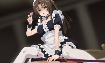 1girl absurdres apron between_legs black_dress breasts brown_hair commission condom covered_erect_nipples dress from_below goback hand_between_legs hand_up highres holding holding_condom holding_sword holding_weapon kujou_rin long_hair looking_down maid maid_headdress medium_breasts mind_control shaded_face solo sword thighhighs to_love-ru to_love-ru_darkness_2nd waist_apron weapon white_apron yellow_eyes