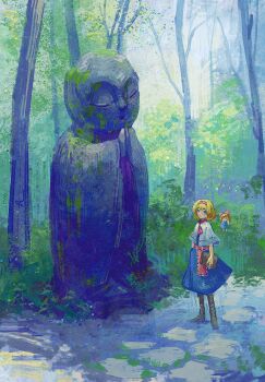 1girl alice_margatroid blonde_hair blue_dress blue_eyes book boots bow brown_boots bush capelet closed_mouth doll dress forest frills full_body ge_dazuo grass hair_bow hairband highres holding holding_book jizou lace-up_boots moss nature overgrown path red_bow red_hairband road scarf scenery shanghai_doll short_hair solo statue touhou tree white_capelet