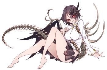 1girl asymmetrical_wings barefoot black_hair black_skirt bone breasts commentary fossilized_wonders full_body highres iwanaga_ariya looking_at_viewer mask raptor7 red_eyes revision shirt short_hair simple_background skirt solo spikes thighhighs touhou white_background white_shirt wings