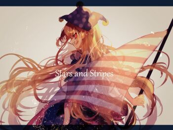 1girl american_flag american_flag_dress blonde_hair clownpiece commentary_request flag grin hat holding holding_flag jester_cap long_hair looking_at_viewer looking_back neck_ruff one-hour_drawing_challenge polka_dot_hat purple_hat red_eyes shinjitsu_no_kuchi simple_background smile solo touhou upper_body very_long_hair