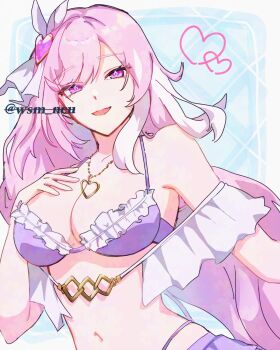 Rule 34 | 1girl, bikini, blue background, breasts, cleavage, commentary request, diamond-shaped pupils, diamond (shape), elysia (herrscher of human: ego) (honkai impact), elysia (honkai impact), elysia (summer 2023) (honkai impact), hair ornament, heart, heart necklace, highres, honkai (series), honkai impact 3rd, jewelry, large breasts, long hair, looking at viewer, midriff, multicolored hair, navel, necklace, official alternate costume, pink hair, purple bikini, purple eyes, smile, solo, swimsuit, symbol-shaped pupils, twitter username, two-tone hair, very long hair, white hair, wsm ncu