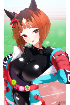 1girl absurdres animal_ears arched_bangs black_bodysuit blue_jacket blunt_bangs blunt_ends blush bodysuit breasts closed_mouth commentary commission covered_navel highres horse_ears horse_girl impossible_bodysuit impossible_clothes jacket large_breasts latex latex_bodysuit maguro27 mixed-language_commentary open_clothes open_jacket orange_hair pixiv_commission red_eyes short_hair smile solo steaming_body sweat tongue tongue_out transcend_(umamusume) umamusume
