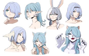 1girl :3 :d absurdres alternate_species animal_ears au_ra black_sclera blue_eyes blue_hair cat_ears cat_girl closed_mouth colored_sclera commentary daydarion elezen elf elira_pendora english_commentary fangs final_fantasy final_fantasy_xiv fins furry furry_female hair_over_one_eye head_fins heterochromia highres hrothgar lalafell long_hair looking_at_viewer miqo'te multicolored_hair nijisanji nijisanji_en open_mouth paw_pose pointy_ears rabbit_ears roegadyn sidelocks smile solo streaked_hair viera virtual_youtuber white_streaks yellow_eyes