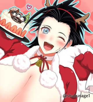 2boys absurdres angeal_hewley bell black_hair blue_eyes blush breasts cake christmas_cake coat crisis_core_final_fantasy_vii cross_scar earrings fake_antlers final_fantasy final_fantasy_vii food fur-trimmed_coat fur_trim genderswap genderswap_(ftm) gloves hat highres holding holding_sack huge_breasts jewelry looking_at_viewer multiple_boys neck_bell one_eye_closed open_mouth pink_background red_coat red_gloves sack santa_hat scar shakunage1 sideburns single_earring time_paradox twitter_username upper_body