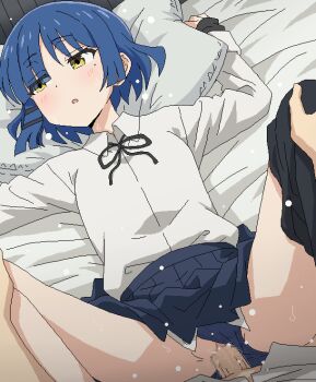 1boy 1girl black_ribbon blue_hair blue_panties blue_skirt blush bocchi_the_rock! censored clothed_sex clothing_aside collarbone commentary_request head_on_pillow hetero jaggy_lines long_sleeves looking_to_the_side m_legs miniskirt mole mole_under_eye mosaic_censoring neck_ribbon open_mouth paid_reward_available panties panties_aside penis pillow pov ribbon school_uniform sex shirt short_hair skirt solo_focus spread_legs tomu_(tomubobu) underwear vaginal white_shirt yamada_ryo yellow_eyes