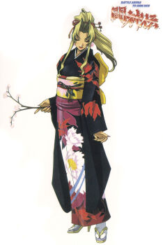 1990s_(style) 1girl black_kimono blonde_hair closed_eyes copyright_name female_focus floral_print full_body hair_ornament hairpin high_heels highres japanese_clothes kimono kotobuki_tsukasa lipstick logo long_hair long_sleeves makeup nail_polish official_art pink_nails print_kimono retro_artstyle shoes sofia sofia_(toushinden) solo tamsoft toushinden white_background yukata
