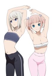 2girls absurdres arms_up black_pants blue_eyes blue_tube_top breasts closed_mouth coro_fae fujiwara_moeha grey_hair highres kaguya-sama_wa_kokurasetai_~tensai-tachi_no_renai_zunousen~ large_breasts light_frown long_hair multiple_girls navel pants pink_hair pink_pants shirogane_kei smile strapless tube_top twintails white_background white_tube_top yoga_pants