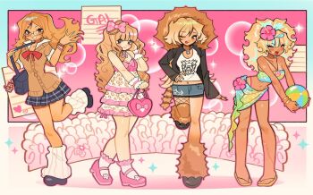 4girls animal_print bag bag_charm ball beachball big_hair black_jacket black_shoes blonde_hair blue_skirt blush bow bowtie bracelet breasts brown_cardigan cardigan charm_(object) cleavage commentary denim denim_shorts dress english_commentary fashion fingernails flower frilled_dress frills fur_leg_warmers gem glasses gyaru hair_bow hair_flower hair_ornament hairclip hand_on_own_hip hat heart-shaped_bag hibiscus hime_gyaru holding holding_bag holding_ball jacket jewelry kogal leg_warmers leopard_print long_fingernails long_hair looking_at_viewer loose_socks manba_gyaru mary_janes medium_breasts midriff miniskirt mitsutadaki multicolored_hair multiple_girls necklace one_eye_closed open_clothes open_jacket original peace_symbol pearl_(gemstone) pink_bag pink_bow pink_shoes plaid_clothes plaid_skirt print_dress print_shirt red_bow red_bowtie rokku_gyaru sandals sarong school_bag school_uniform shirt shoes short_hair shorts single_fishnet_legwear skirt socks sparkle standing standing_on_one_leg strapless streaked_hair tail_keychain tan tongue tongue_out tube_top very_long_hair wallet_chain white_socks
