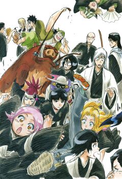 6+girls abarai_renji bald_male black_hair bleach blonde_hair blue_eyes boar braid braided_ponytail breasts brown_eyes bucket_hat chain chain_necklace choker closed_mouth facial_mark folding_fan glasses grey_hair hand_fan haori hat headband hisagi_shuuhei iba_tetsuzaemon ise_nanao japanese_clothes jewelry kira_izuru kubo_tite kuchiki_byakuya kuchiki_rukia kurosaki_ichigo kurotsuchi_mayuri kurotsuchi_nemu kusajishi_yachiru large_breasts madarame_ikkaku matsumoto_rangiku medium_hair mole mole_under_mouth multiple_boys multiple_girls necklace official_art open_mouth pants pink_hair pink_shawl ponytail red_hair riding riding_animal second-party_source shawl shiba_ganju shihakusho shoes short_hair sidelocks simple_background small_breasts standing sui-feng sword ukitake_juushirou urahara_kisuke weapon white_background wooden_sword