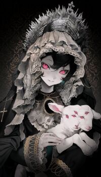 1girl animal artist_name baby_animal black_hair cross extra_eyes hair_between_eyes highres holding holding_animal lamb long_sleeves looking_at_viewer mazamuno multiple_heads nail_polish original parted_lips pink_eyes sheep smile solo upper_body veil white_nails