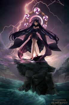 1girl alternate_costume alternate_universe angry artist_name bare_legs bare_shoulders blunt_bangs breasts buddhism cleavage closed_mouth dawn electricity floating floating_hair full_body genshin_impact glowing glowing_halo gradient_hair hair_down hair_floating_upwards hair_ornament halo highres japanese_clothes kimono large_breasts lightning long_hair long_sleeves looking_at_viewer mintysammy mitsudomoe_(shape) mole mole_under_eye multicolored_hair neck_ribbon o-ring ocean off_shoulder outdoors purple_eyes purple_hair purple_kimono purple_sky raiden_shogun red_ribbon red_sash ribbon rock sash shade sky solo standing storm sunset thighs tomoe_(symbol) water watermark waves wide_sleeves