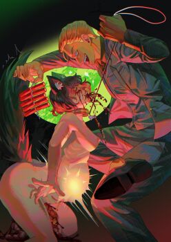 animal_ears arched_back black_necktie blonde_hair blood blood_from_mouth blood_splatter bloody_tears boyfriend_to_death breasts character_request collar collared_shirt commentary commission english_commentary ero_guro explosive exposed_muscle feet_out_of_frame firecrackers fox_ears fox_tail furry furry_female guro hair_slicked_back highres holding holding_leash inflation intestines jacket knee_up leash looking_at_another necktie original self-harm shirt soureeeee tail thigh_cutting vest vomit white_shirt wrist_cutting