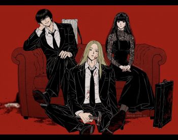 1girl 2boys adam&#039;s_apple armrest black_dress black_eyes black_hair black_jacket black_necktie black_pants black_shoes black_suit blonde_hair blood blood_on_cheek blood_on_clothes blood_on_hands blood_on_shoes bloody_weapon blunt_bangs closed_eyes closed_mouth commentary_request couch crossed_legs dress expressionless forehead formal_clothes full_body grin hand_on_own_knee hands_on_own_thighs head_rest head_tilt highres jacket kuroiisana lace_trim leaning_to_the_side light_frown long_hair looking_at_viewer multiple_boys nagumo_(sakamoto_days) necktie on_couch on_floor open_clothes open_jacket osaragi_(sakamoto_days) own_hands_together pants parted_lips red_background sakamoto_days see-through_clothes see-through_veil shishiba_(sakamoto_days) shoes short_hair simple_background sitting smile straight_hair suit suitcase teeth veil very_long_hair watermark weapon