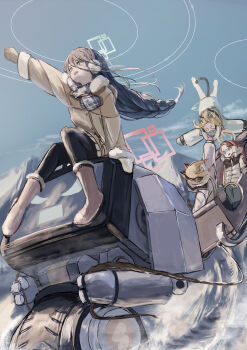 4girls absurdres animal_ear_headphones animal_ears aqua_coat aqua_halo aqua_mittens aris_(blue_archive) aris_(winter)_(blue_archive) arm_up black_hair black_pantyhose blonde_hair blue_archive blue_scarf blue_sky boots braid braided_ponytail brown_coat brown_mittens cat_ear_headphones cat_ears coat commentary_request day earmuffs fake_animal_ears fake_tail fur-trimmed_coat fur-trimmed_sleeves fur_trim game_development_department_(blue_archive) green_halo halo headphones highres kei_(amas)_(blue_archive) kogure0012 long_hair low-tied_sidelocks low_ponytail midori_(blue_archive) midori_(winter)_(blue_archive) mittens momoi_(blue_archive) momoi_(winter)_(blue_archive) multiple_girls non-humanoid_robot official_alternate_costume open_mouth orange_halo outdoors padded_coat pantyhose pink_boots pink_halo pink_mittens plaid_clothes plaid_scarf ponytail purple_coat rectangular_halo red_hair ring_of_light_(blue_archive) robot scarf screen short_hair sidelocks sitting sitting_on_robot skirt sky sled sledding snow tail very_long_hair white_scarf winter_clothes winter_coat yuzu_(blue_archive) yuzu_(winter)_(blue_archive)