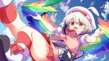 blue_sky book commission feathers flask hat hidamari_(mizuiro_yume_koubou) highres hollow_song_of_birds multicolored_wings outstretched_arms pink_vest pixiv_commission rainbow_gradient rainbow_wings red_socks round-bottom_flask shoes sky socks spread_arms test_tube test_tube_holster torisumi_horou touhou vest vial white_hat wing_hat_ornament wings yellow_eyes