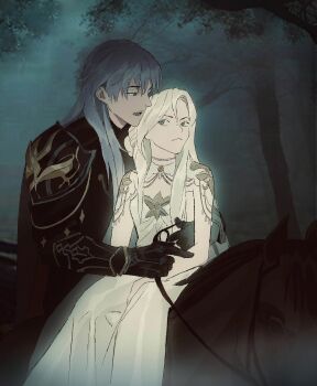 1boy 1girl absurdres armor black_armor black_gloves black_horse blonde_hair breasts closed_mouth couple dress forest frown gem gloves grey_hair hair_between_eyes hetero highres holding holding_reins horseback_riding ladxena long_dress love_and_deepspace medium_breasts nature official_alternate_costume official_alternate_hair_length official_alternate_hairstyle open_mouth parted_bangs protagonist_(love_and_deepspace) red_gemstone reins riding shoulder_armor upper_body white_dress xavier_(love_and_deepspace)