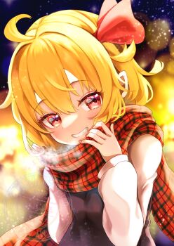 Rule 34 | 1girl, ahoge, blonde hair, blue dress, commentary request, dress, grin, hair ribbon, long sleeves, looking at viewer, parted lips, pinafore dress, plaid clothes, plaid scarf, pointy ears, red eyes, red scarf, ribbon, rumia, sakuyabm, scarf, shirt, short hair, sleeveless, sleeveless dress, smile, solo, touhou, white shirt