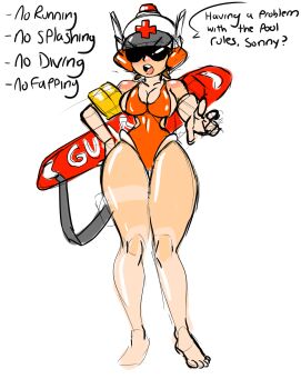 Rule 34 | 1girl, breasts, cleavage, female focus, highres, keppok, lifeguard, looking at viewer, mighty switch force!, patricia wagon, simple background, solo, sunglasses, swimsuit, wide hips