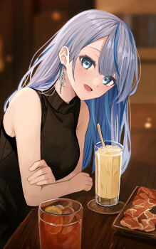 1girl :d absurdres amagai_ruka blue_eyes blue_hair blurry blurry_background blush cocktail commentary_request crossed_arms cup drinking_glass earrings food grey_hair highres indoors jewelry long_hair looking_at_viewer multicolored_hair open_mouth sakuradakey sleeveless smile solo streaked_hair swept_bangs virtual_youtuber weather_planet
