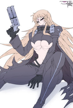 1girl absurdres beelstarmon belt between_legs black_coat black_gloves black_pants black_vest blonde_hair breasts coat commentary cropped_vest digimon digimon_(creature) english_commentary gloves grin groin gun hair_between_eyes hand_between_legs highres holding holding_gun holding_weapon junkk_factory large_breasts leather leather_pants long_hair looking_at_viewer multiple-barrel_gun navel no_mask open_clothes open_coat pants purple_eyes shadow sharp_teeth sidelocks signature simple_background sitting smile solo stomach teeth third_eye tight_clothes tight_pants torn_clothes torn_coat underboob vest weapon white_background zipper